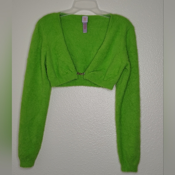 Savage X Fenty Fuzzy Neon Green Cropped Cardigan Metalic Logo Sz M - Picture 3 of 9